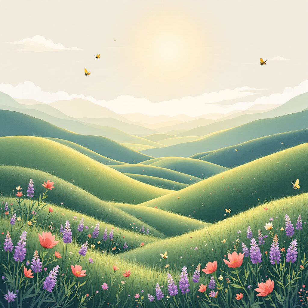 Illustration av mjuka gröna kullar med vildblommor i solljus