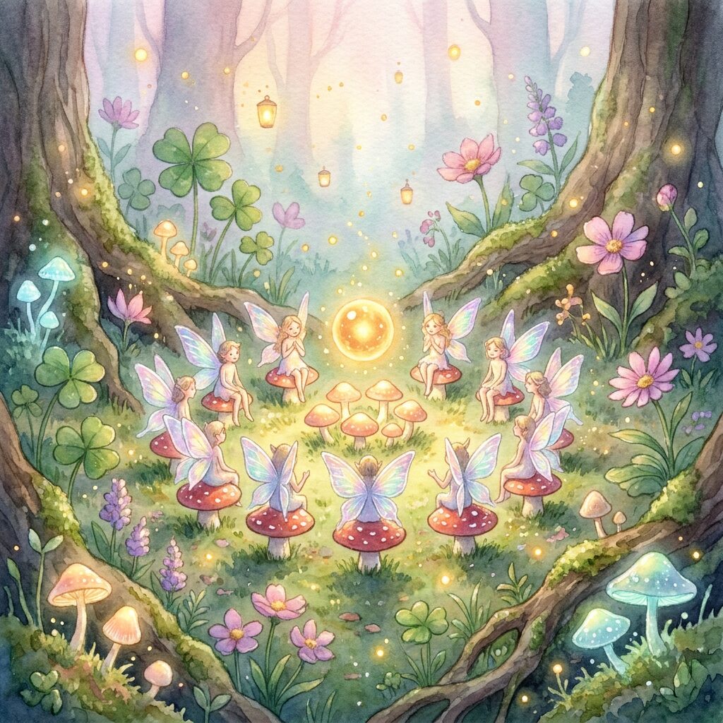 Akvarellillustration av en ljus sagoskog med blommor och svampar