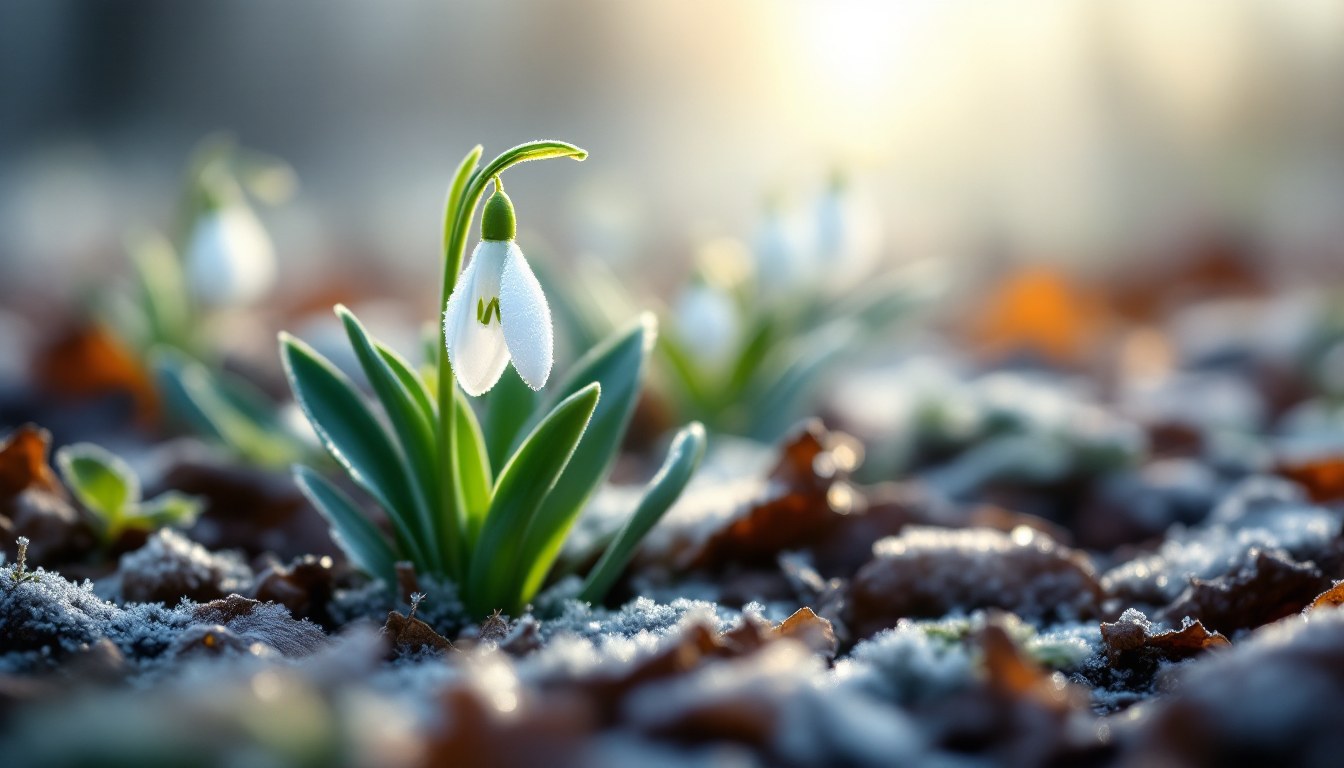 Snödroppe som slår ut i frostig mark i morgonljus