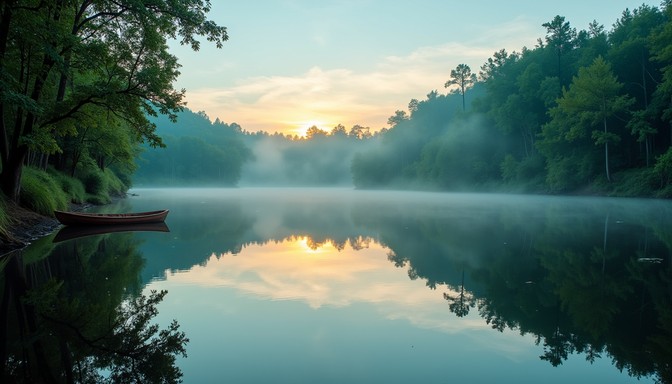 Stilla skogssjö i morgondis när solen går upp