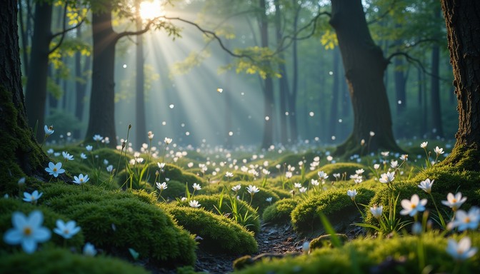 Solstrimmor över en mossig skogsglänta med vita blommor